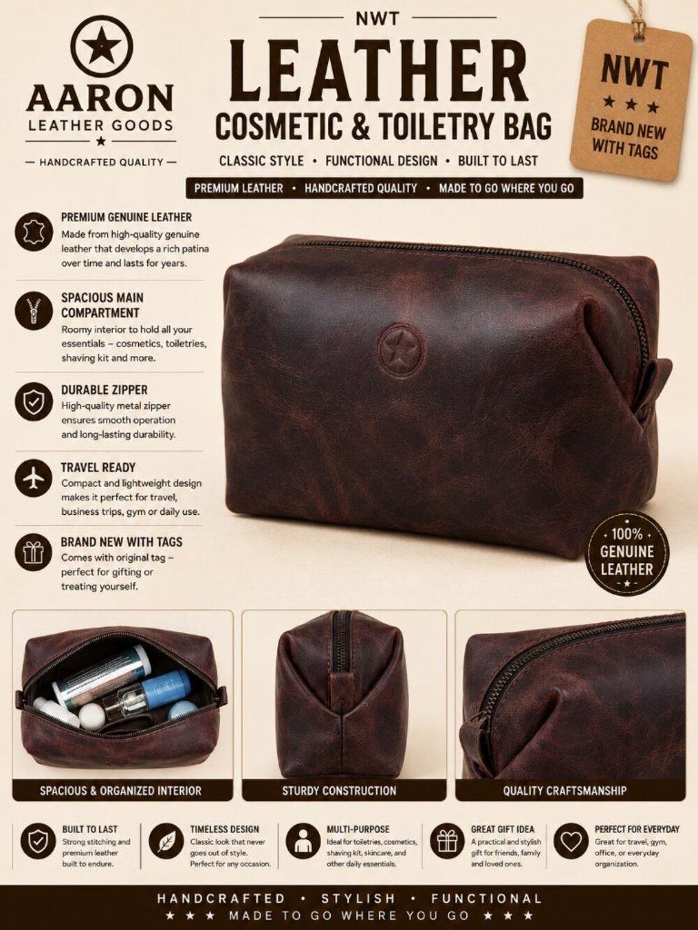 NWT Aaron Leather Goods Walnut Leather Cosmetic Toiletry Bag Travel Organizer